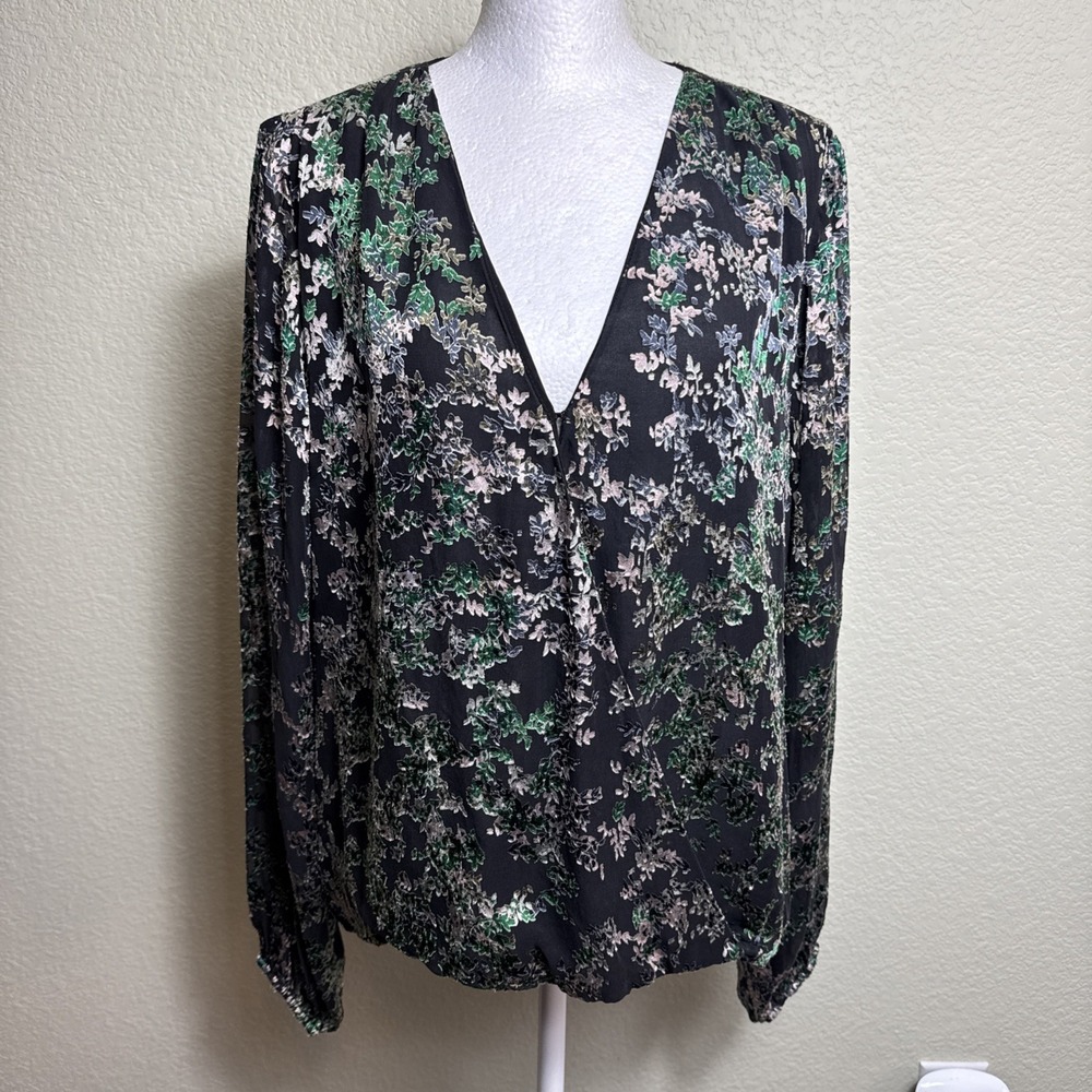 White House Black Market Large Green Floral Silk Blouse Draped V-Neck Dressy Top